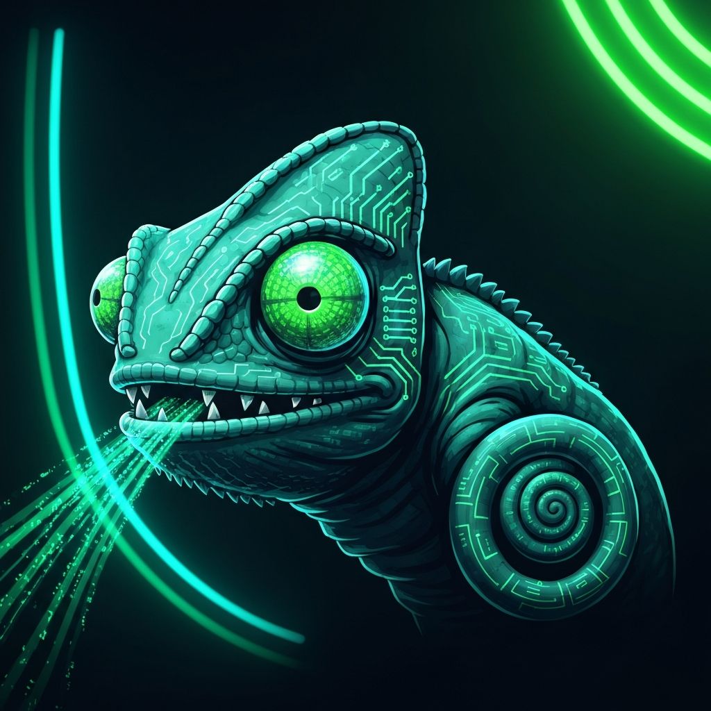Trend Eater AI cyberpunk chameleon mascot